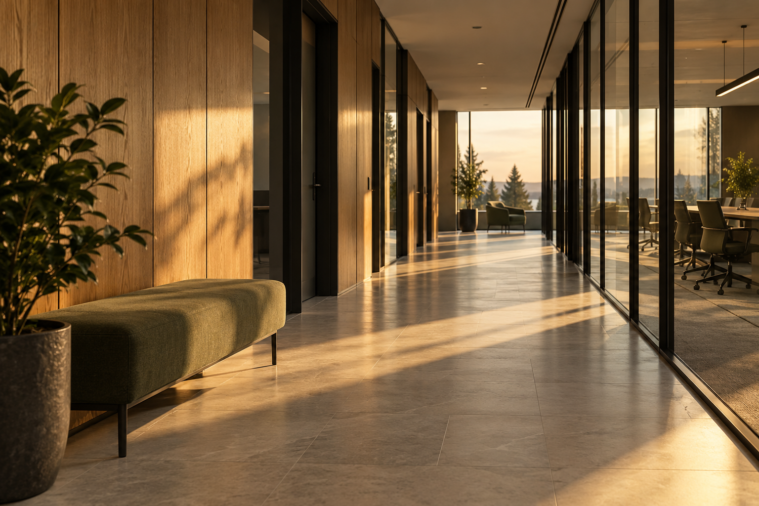Illustrative sunlit office corridor with glass partitions and warm timber finishes